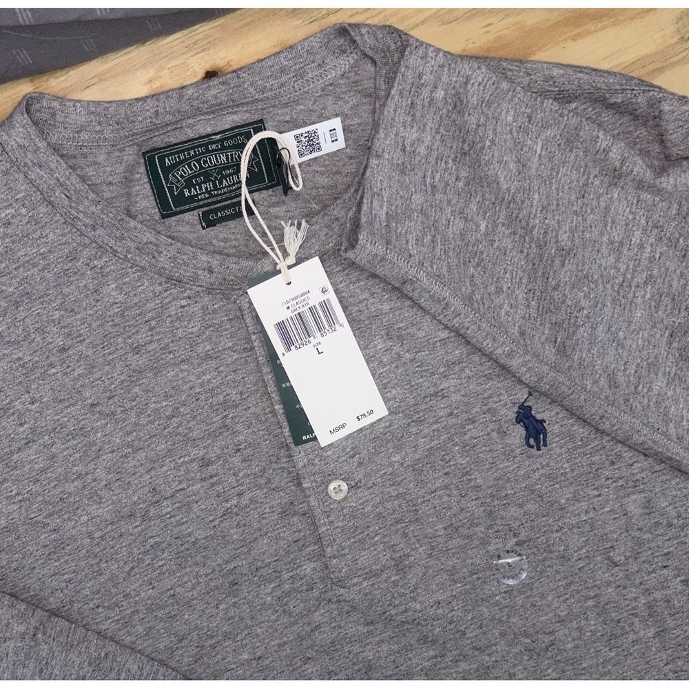 New Ralph Lauren Polo Country Slub‎ Jersey Henley Gray Classic Fit Shirt Large